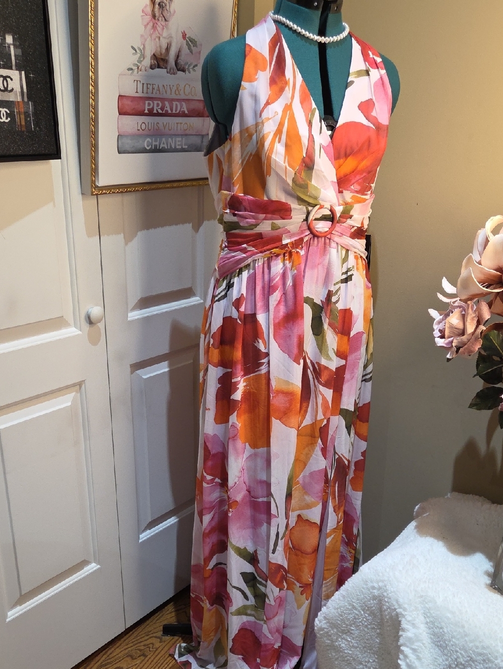 Nwt 14 $ 199 Adrianna Papell Pink & Orange Floral Halter Maxi Dress - Picture 14 of 17